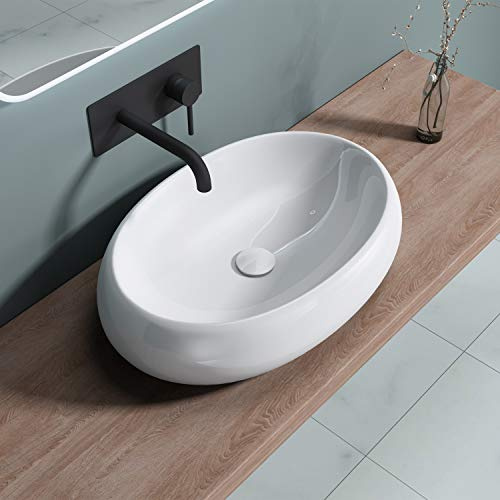 Durovin Bathrooms Ceramic Bathroom Basin - Countertop Sink Vessel with No Overflow - Shallow Fill No Tap Hole - Rounded Wall Oval Shape (590 x 400 x 155mm)