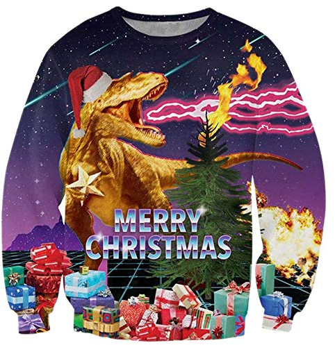 ALISISTER Unisex 3D Hässliche Weihnachtspullover Personalisierte Dinosaurier Design Ugly Christmas Sweater Langarm Xmas Idee Geschenk Jumper Sweatshirt für Herren XL