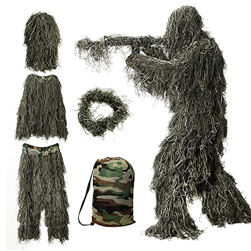 DoCred Ghillie Suit for Men, 5 in 1 Ghillie Suit Superior Camo Hunting Clothes for Kids/Youth Hunters, Military, Sniper Airsoft and Paintball