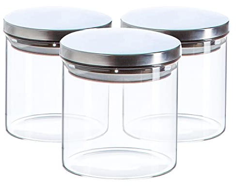Argon Tableware Scandi Storage Jars with Metallic Silver Lids - 550ml - 3 Pack - Modern Round Organisation Container Glass Jar for Kitchens, Pantry, Bathrooms, Utility Rooms