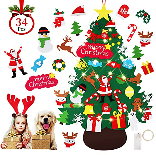 Albero di Natale in Feltro per Bambini, 3.5 Ft DIY Albero Natale Feltro Con 34 Staccabili Ornamenti, per Regali Di Natale Party Decorazioni Da Parete Per Porte