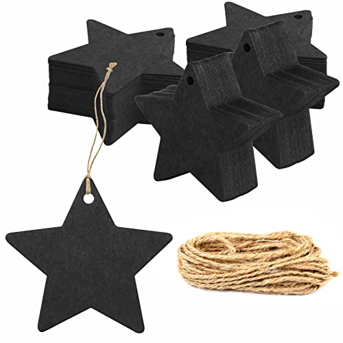 200 Stk. Geschenkanhänger aus Kraftpapier Schwarzes Sternförmiges Geschenkanhänger mit 30 Meter natürlicher Juteschnur für Bastelverpackungen (6 cm Durchmesser)