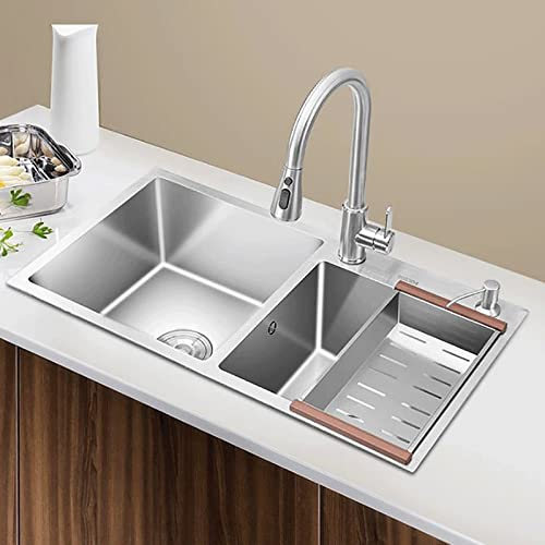 Fregadero de cocina de acero inoxidable de montaje superior/empotrable, fregadero residencial hecho a mano, fregadero profundo de dos senos para estación de trabajo,B