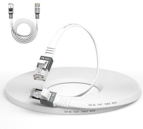 Cat 6a Ethernet Cable 50 Ft,Durable Flat Internet Network LAN Cable with 1.5Ft Short Patch Cord, Slim High Speed Gigabit Computer Wire with RJ45 Connectors, Faster Than Cat6/Cat5e/Cat5 Cable - White