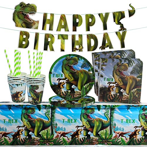 Dinosaurier Geburtstag Dekoration Set - 52 Stück Jurassic World Party Geschirr Mit Papierbecher, Teller, Banner, Strohhalme, Tischdecken, Papiertücher - Für Junge Motto Feier