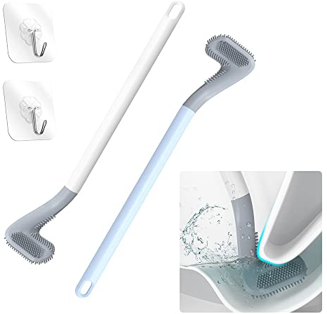 TOKIMMASH Long Handled Golf Toilet Brush，Flexible Silicone Toilet Bowl Cleaning Brush，Flexible Bendable Silicone Golf Toilet Bowl Cleaning Brush,(Blue White Toilet Brush ith Hook)