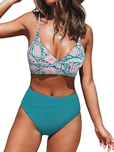CUPSHE Damen Bikini Set Crossover V Ausschnitt High Waist Tank Bademode Zweiteiliger Badeanzug Swimsuit Grün/Paisley M