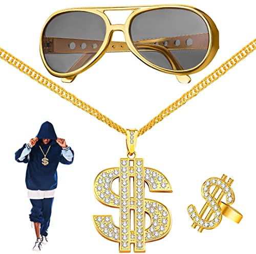 FUKPO Brille Goldene Dollar Zeichen Kette Ring Zubehör Set, Gangster Schmuck Zuhälter Pimp Kostüm Herren Fasching Hip Hop Goldkette Rapper, 70er 80er 90er Jahre Outfit Karneval Mottoparty Accessoires