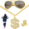 FUKPO Brille Goldene Dollar Zeichen Kette Ring Zubehör Set, Gangster Schmuck Zuhälter Pimp Kostüm Herren Fasching Hip Hop Goldkette Rapper, 70er 80er 90er Jahre Outfit Karneval Mottoparty Accessoires