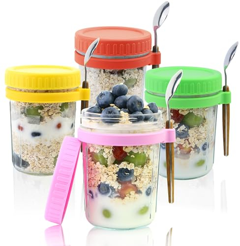 Kvittra 4 Pack Overnight Oats Jars - Large Capacity Oats Containers with Lids and Spoon, Breakfast Pots for Oatmeal, Cereal, Fruit