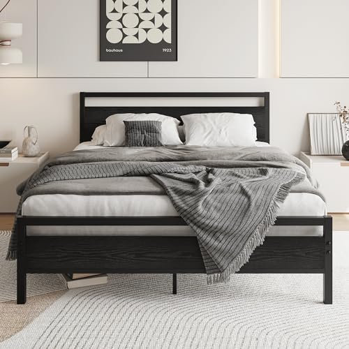 HOJINLINERO King Size Bed Frame with Wooden Headboard,Black Metal Bed Frame King Size Base,Solid Platform Metal Slat Support and Underbed Storage Space,Bedroom Furniture For Adults,Kingsize Bed Frame