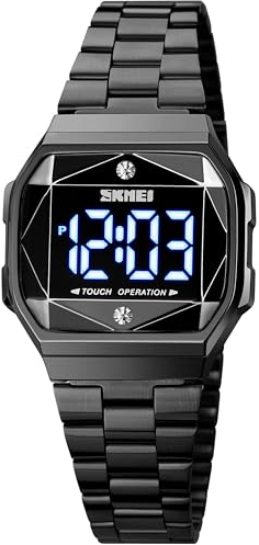 findtime Armbanduhr Damen Touch LED Eckige Damenuhren Schwarz Damenarmbanduhr Diamant Strasssteine Luxus Design Frauen Uhr Edelstahl