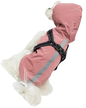 Ailan Bequemer und leicht zu reinigender Hunderegenmantel, geeignet für alle Rassen. Reflektierender Polyester Hunderegenmantel mit Geschirr und Kapuze, Rosa, M