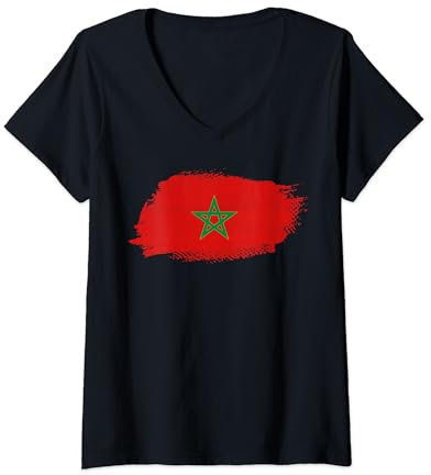 Femme Drapeau Maroc, Idée Cadeau Supporter Marocain 2024 T-Shirt avec Col en V
