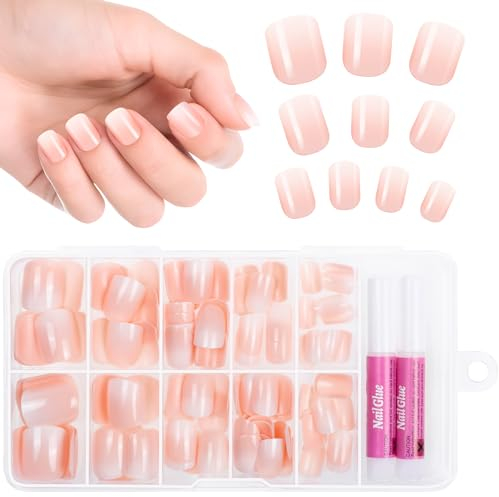 Kiiwah 120 Pcs Faux Ongles à Coller French Manucure, Rose Dégradé Naturel Faux Ongles Court, Couverture Complète Press on Nails en Acrylique pour Femmes et Filles DIY Manucure Salon