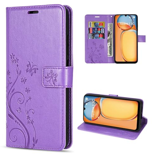 betterfon Hülle Kompatibel mit Xiaomi Redmi 13C / C65 | Premium PU Leder Handyhülle Wallet Case für Redmi 13C / C65 | Schutzhülle Blumen Klapphülle Handyhülle | Lila