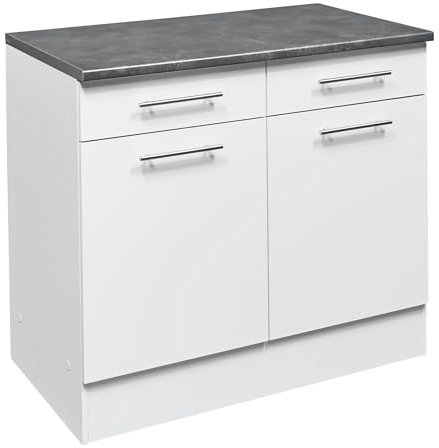 möbelando Eddy Moderner Küchenunterschrank in Weiß matt, Metallic Grau - Geräumiger Unterschrank Küche mit viel Stauraum - 100 x 90 x 60 cm (B/H/T)