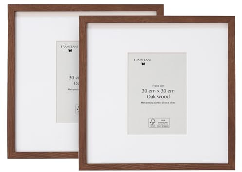 Framelane Set of 2 Bilderrahmen 30x30 - FSC-Zertifiziertes Holzbilderrahmen Dunkelbraun Aus Eichenholz, Mit Passepartout, Kratzfestes & Bruchsicheres Acrylglas, Für Wandmontage Hoch- Oder Querformat