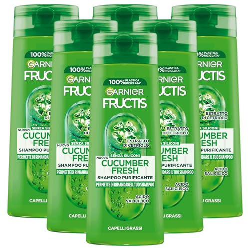 Shampoo Purificante, CUCUMBER FRESH, Con Estratto Di Cetriolo e Acido Salicilico. Per Capelli Grassi. Senza Silicono 250ml (6 Flaconi)