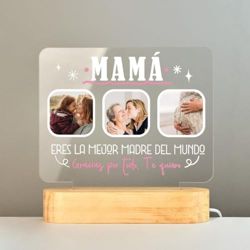 DEREGALOOS Lámpara LED Personalizada con foto. Marco de Fotos Original para Madres. Placa Metacrilato con Fotos y luz LED. Regalo día de la Madre con foto.