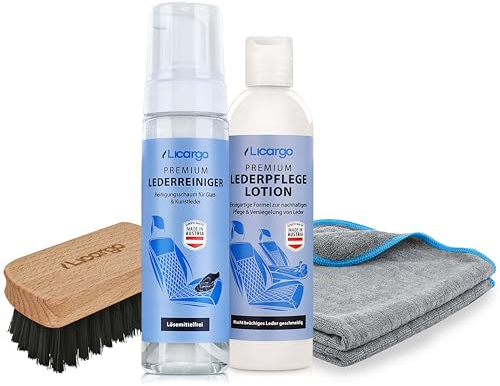 LICARGO Lederpflege Set Auto - 1x Lederreiniger 200ml & 1x Lederpflege 200ml & 1x Leder- & Textilbürste & 2X Mikrofasertücher - Lederreiniger Auto, Lederpflege für Ledercouch, Lederpflege Autositze