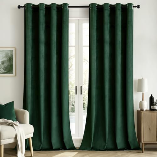 Woaboy Samtvorhänge Verdunkelungsvorhang Gardinen Samt mit Ösen Blickdicht für Wohnzimmer Blackout Curtains Thermovorhang Schalldämmend Schlafzimmer 2er Set 140x225cm (B x H) Tannengrün