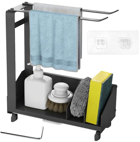 YAANBUNB Soporte de Esponja Cocina, Organizador de Fregadero con Toallero y Bandeja de Goteo,Organizador Bajo Fregadero Cocina de Espacio Aluminio, Porta Estropajos Fregadero para Cepillo Jabón(Negro)