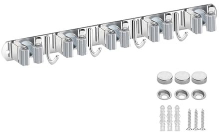 Beilala Mop Broom Holder Wall Mounted Heavy Duty, Self Adhesive Tool Holder Rack with 5 Clips 4 Storage Hooks Outdoor for Utility Room, Kitchen, Bathroom, Garage, Laundry, Garden and Office