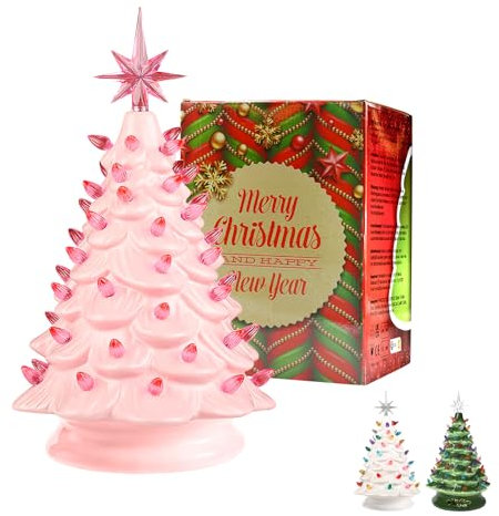 Pink Ceramic Christmas Tree Decorations 13 Inch Christmas Table Gifts Decoration Winter Tree Aesthetic Room Home Decor with Star Topper Vintage Christmas Decor Gifts for Family Friends