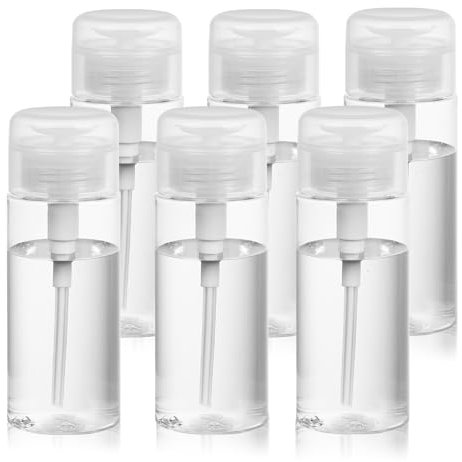 RAMFIYN 5oz Acetone Pump Dispenser 6 Pack Plastic Alcohol Push Down Dispenser with Labels Refillable Alcohol Pump Dispenser Bottle Empty Nail Polish Remover Bottle