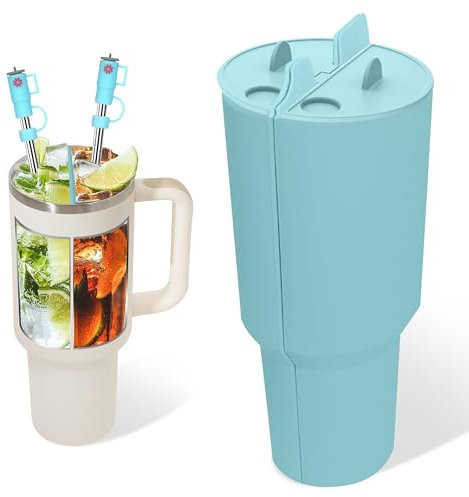 GROBRO7 3Pcs Drink Separator Stanley Cup Liner, Blue Silicone Beverage Separator 40oz with 2Pcs Mini Stanley Straw Cover, 2 in 1 Inner Divider Section Tray Tumbler Split Insert for Juice Coffee Tea