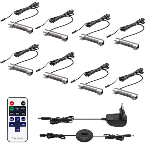 HURYEE Glasbodenbeleuchtung LED Vitrinenbeleuchtung mit Fußschalter und RF-Fernbedienung, LED Clips Warmweiß Glaskantenbeleuchtung Dimmbar für Glasvitrine, Vitrinen, Regale, Tisch, Displays 8er Set