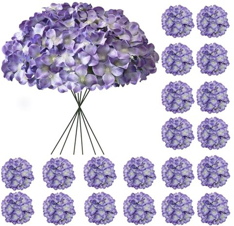 Cherica Hydrangea Artificial Flowers, 20 Pcs Purple Hydrangea Artificial Flowers Bulk, Faux Hydrangea Flowers for Outdoor, Fake Silk Hydrangea Flowers with Stems for Wedding Decoration Decor