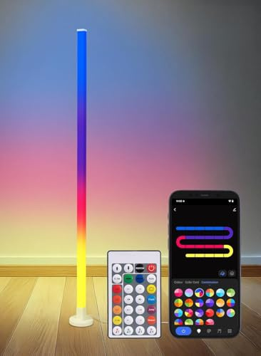 Luminea Home Control Steh Eck Leuchte: 2er-Set Smarte WLAN-Standleuchte mit RGB-IC-LEDs, App, 10 W, 150 cm (LED Eck-Stehlampe, Stehlampe Alexa kompatibel, Wohnzimmerleuchten)