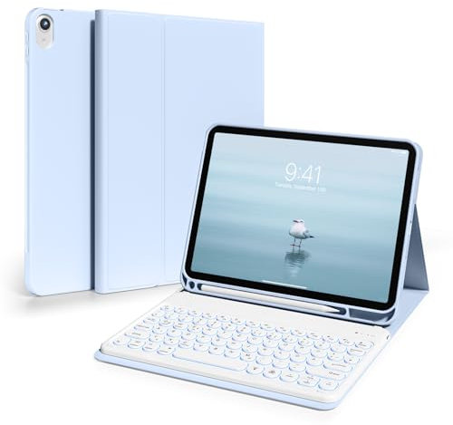 ZKTUYU Custodia con tastiera per iPad 11 generazione A16/10 generazione (11/10,9 pollici, 2025/2022), illuminazione a 7 colori, tastiera Bluetooth QWERTZ con portapenne, cover posteriore in TPU