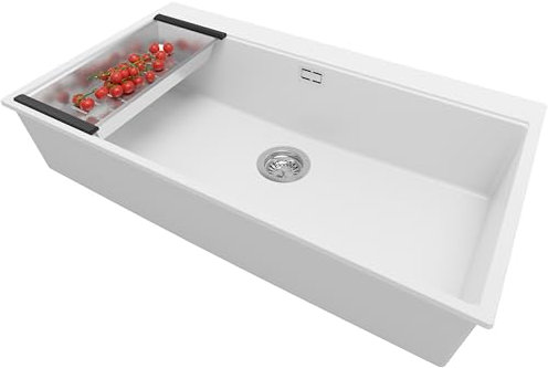 PRIMAGRAN Fregadero Cocina Blanco 88x50cm, Granito 1 Seno + Sifón, Sobre encimera al mueble 90cm - Oslo S447