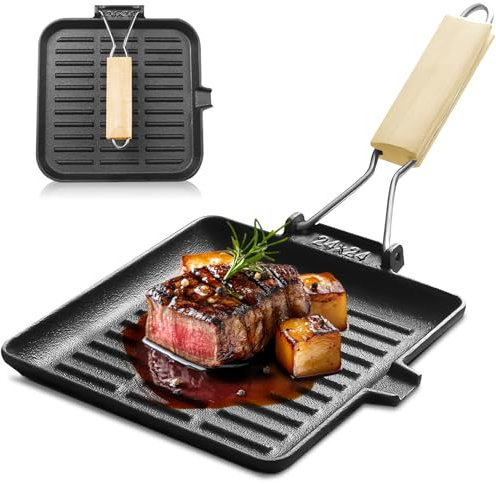 GOEDCH Padella in Ghisa 24x24 cm Nera con Manico in Legno Pieghevole, Antiaderente, Quadrata per Barbecue con Beccuccio Versatore