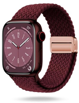 ONEFLOW Casual Loop Kompatibel mit Apple Watch 6 (44mm) Geflochtenes Armband Elastisch, Textil iWatch Armbänder Damen Herren, Sport Nylon Stoff Band Verschluss Magnetisch, Weinrot