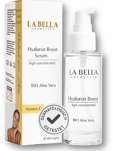 LaBella Cosmetics Hyaluron Serum 100ml mit BIO Aloe Vera und Vitamin E hochdosiert Feuchtigkeitsserum für strahlende Haut Anti Aging Gesichtspflege alle Hauttypen