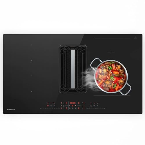 Klarstein AirJet Induktionskochfeld Mit Dunstabzug - 12 kW, Boost 750 m³/h, A++ Effizienz, 9 Stufen, Touch-Bedienfeld, Leise 58 dB, Bridge-Connect, Aluminium & Aktivkohlefilter, Schwarz