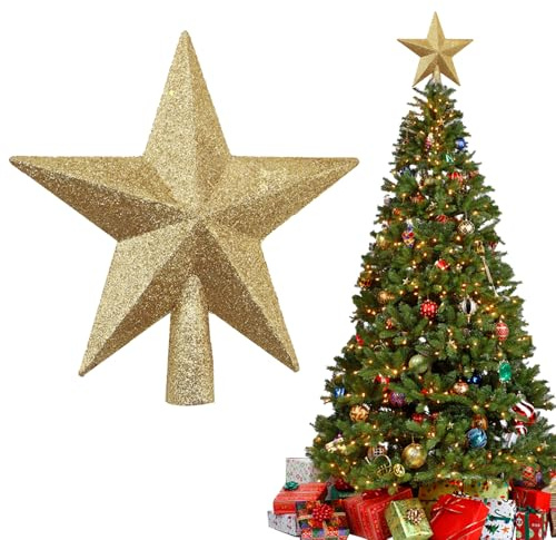 DINGFDENG Étoile de Sapin de Noël Rouge à Paillettes 20cm, Cime de Sapin Lumineuse, Pointe d'arbre en Plastique Léger et Stable (Or)