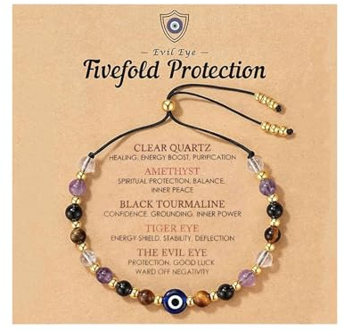 Floruvia 5-Steine Evil Eye Armband,Dünn Kristall Schutz Armband Verstellbar,Clear Quartz Amethyst Schwarzer Turmalin Tigerauge,Spirituelles Schmuck Geschenk Mit Bedeutungskarte Damen Herren