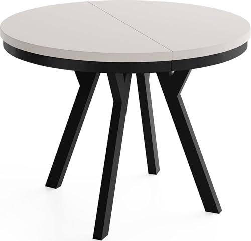WFL GROUP Runder Ausziehbarer Esstisch im Loft-Stil – Verlängerbarer Tisch mit Schwarzen Holzbeinen & Metallring – Platzsparender Esstisch für Wohnzimmer – Kaschmir – 80 bis 130 cm