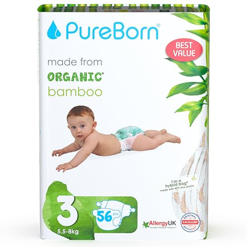 PureBorn 56 Windeln Größe 3 (5-8 kg), Ultra-Saugfähig, Hypoallergen, Weich & Sanft für Babys (4-7 Monate), Dermatologisch Getestet, Auslaufsicher, Umweltfreundlich aus Bambus