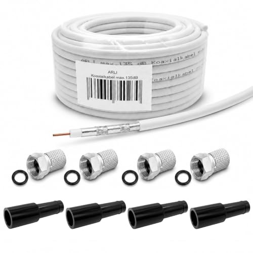 ARLI 15m Koaxialkabel max. 135 dB + 4x F-Stecker mit Dichtring + 4 Gummitüllen 5-fach geschirmt Sat Antennenkabel TV Kabel Koax Kabel 75 Ohm DVB-S2 DVB-T2 BK-Anlagen Satkabel UHD HD 4K