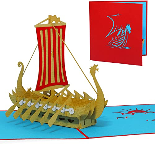 LIN17078, POP UP Karte Schiff, POP UP Karte Boot, 3D Grußkarten Schiff Boot Segel Drachenboot Wikingerschiff, N118