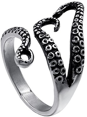 PAURO Edelstahl Punk Oktopus Tentakel Sea Monster Kraken Squid Offener Ring für Männer Verstellbares Silber
