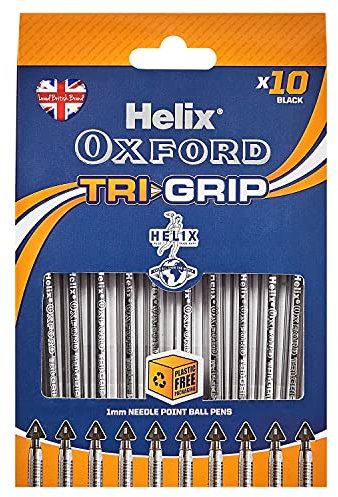 Helix Oxford Tri-Grip Ballpoint Pens (x10 Pack Black Ink) with Plastic Free Packaging