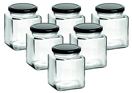 gouveo 6er Set Einmachgläser 380 ml eckig mit Schraub-Deckel schwarz - Große Vorratsgläser mit Drehverschluss - Leere Marmeladengläser, Einkochgläser, Einweckgläser, Aufbewahrungsgläser