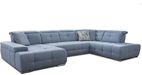 Cavadore Wohnlandschaft Mistrel mit verstellbaren Kopfteilen / U-Form Sofa mit leichter Fleckentfernung dank Soft Clean / Geeignet für Haushalte mit Kindern, Haustieren /343 x 77 x 228 / blau
